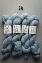 Load image into Gallery viewer, Four skeins of blue yarn with labels on a gray background