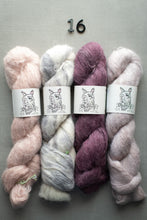 Load image into Gallery viewer, Four skeins of yarn in pink, gray, and purple on a gray background with a number 16.
