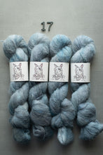 Load image into Gallery viewer, Four skeins of blue yarn with labels on a gray background
