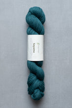 Load image into Gallery viewer, Teal skein of yarn with a label on a gray background