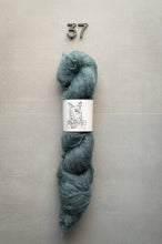 Load image into Gallery viewer, Blue skein of yarn with a label on a gray background