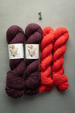 Load image into Gallery viewer, Two skeins of purple yarn and two skeins of red yarn on a gray background with 'Sakari' labels.