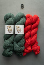 Load image into Gallery viewer, Two skeins of green yarn and two skeins of red yarn on a gray background with 'Bakewell' labels.