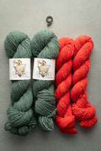 Load image into Gallery viewer, Two skeins of green yarn and two skeins of red yarn on a gray background with 'Sakari' labels.