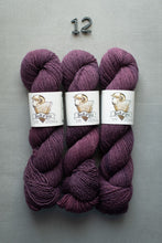 Load image into Gallery viewer, Three skeins of purple yarn with labels on a gray background