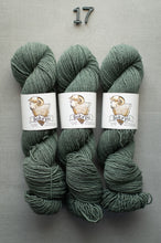 Load image into Gallery viewer, Three skeins of green yarn with labels on a gray background