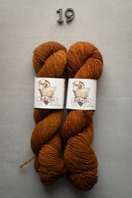 Load image into Gallery viewer, Two skeins of brown yarn with labels on a gray background