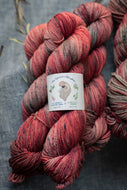 A close-up of a variegated yarn skein labeled 'The Spinner's Owns' with a white paper band, showing heathered red, pink, and dark gray tones, set against a textured gray background.