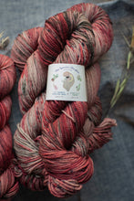 Load image into Gallery viewer, A close-up of a skein of variegated yarn with a white paper label reading 'The Sweetener Organics' and 'Red Carpet / Strawberry'. The yarn has a variegated pattern of dusty red, rust, pink, and gray-brown, photographed on a textured gray fabric background with dried botanicals.