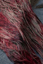 Load image into Gallery viewer, Close-up of variegated yarn strands in a mix of deep red, burgundy, charcoal gray, and muted brown tones.