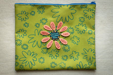 Load image into Gallery viewer, Floral-patterned pouch with colorful text pins on a wooden surface