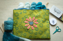 Load image into Gallery viewer, Green floral-patterned pouch with yarn and knitting tools on a beige surface