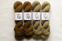 Load image into Gallery viewer, Four skeins of yarn in brown and green shades with labels on a light background