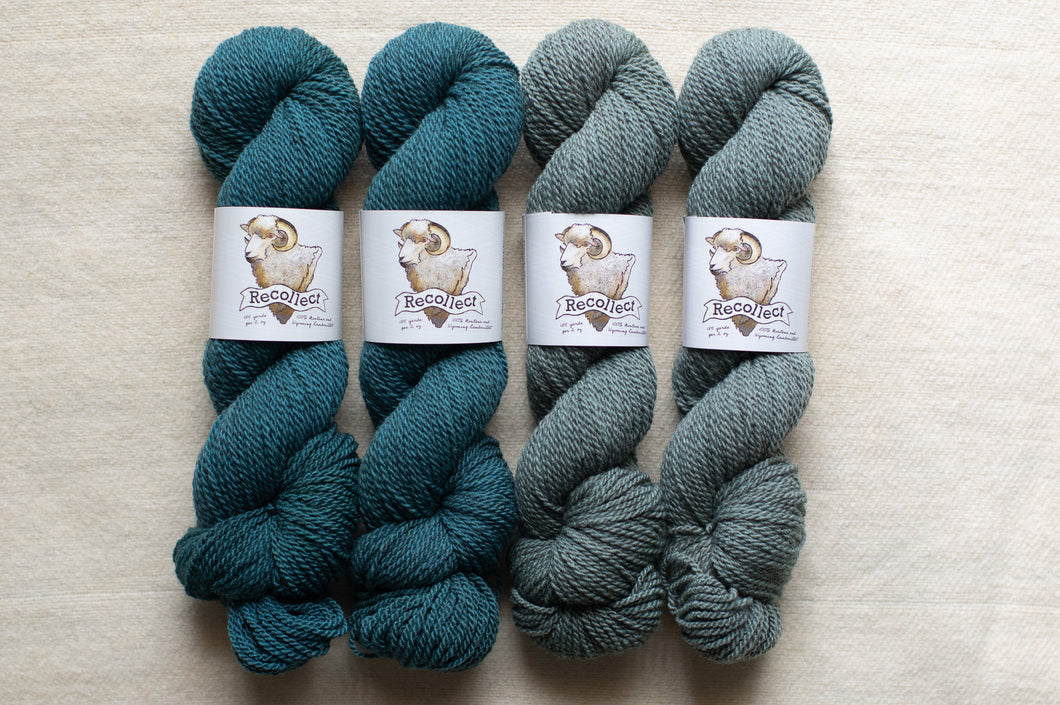 Four skeins of yarn in teal and gray on a beige background with 'Bella Felt' labels.