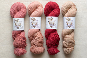 Four skeins of yarn in pink, peach, red, and beige with labels on a neutral background