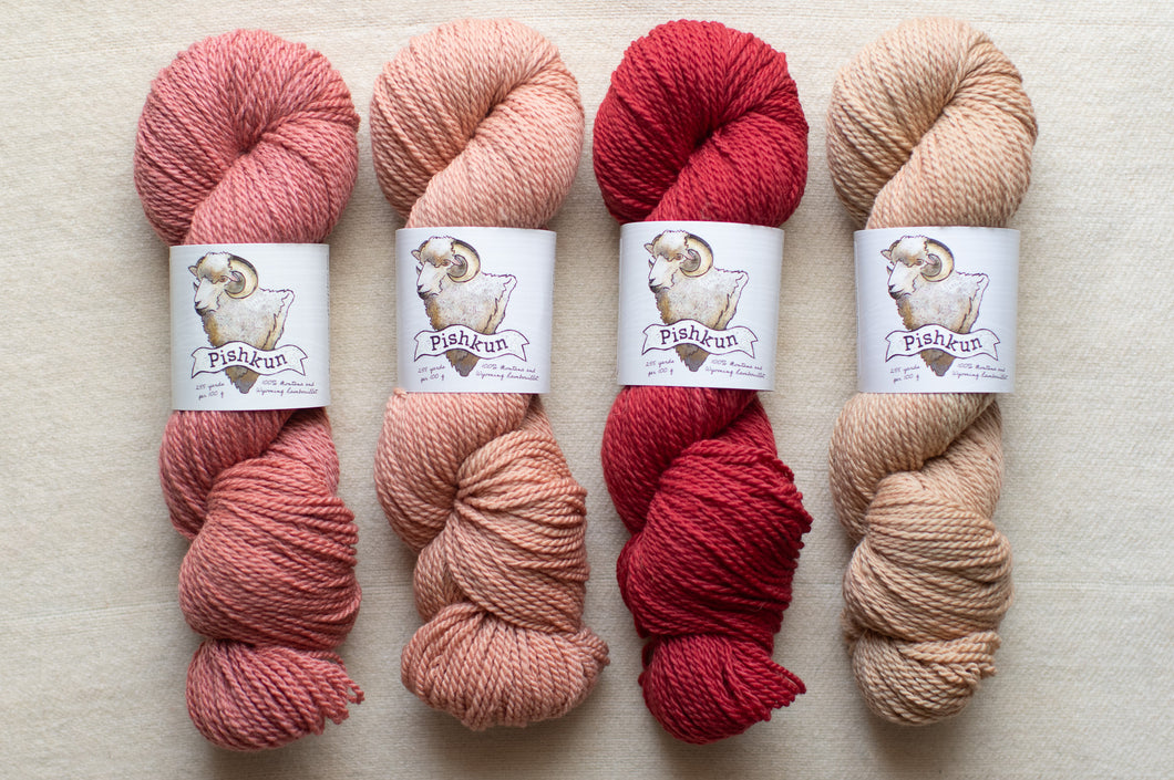 Four skeins of yarn in pink, peach, red, and beige with labels on a neutral background