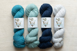 Four skeins of yarn in blue, green, navy, and gray on a beige background with 'Pashmin' labels.