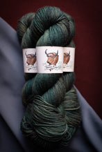 Load image into Gallery viewer, Two skeins of green yarn with a label on a dark background