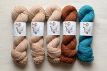 Load image into Gallery viewer, Five skeins of yarn in beige, brown, and blue with labels on a neutral background