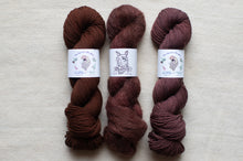 Load image into Gallery viewer, Three skeins of brown yarn with labels on a beige background
