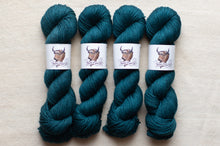 Load image into Gallery viewer, Four skeins of teal yarn with labels on a beige background
