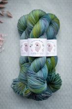 Load image into Gallery viewer, Multicolored skein of yarn with a label on a textured gray background