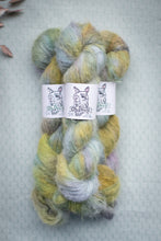 Load image into Gallery viewer, Multicolored yarn skein with a label on a textured gray background
