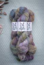 Load image into Gallery viewer, Multicolored yarn skein with labels on a textured light gray background