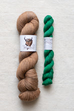 Load image into Gallery viewer, Two skeins of yarn, one brown and one green, on a light background.