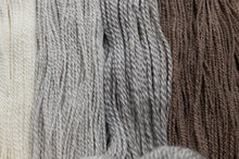 Load image into Gallery viewer, Close-up of gray yarn with a blurred brown and beige yarn in the background