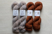 Load image into Gallery viewer, Two skeins of gray yarn and two skeins of brown yarn on a neutral background