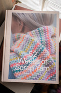 Book titled '52 Weeks of Scrap Yarn' with a colorful knitted item on the cover.