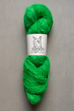 Load image into Gallery viewer, Green skein of yarn with a label on a gray background