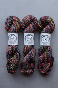 Three skeins of multicolored yarn with Spincycle Fabes labels on a gray background