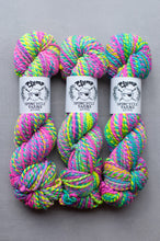 Load image into Gallery viewer, Three skeins of colorful yarn with &#39;Plump Spindycle Yarns&#39; labels on a gray background