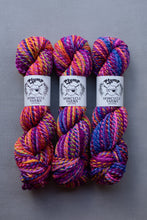 Load image into Gallery viewer, Three skeins of multicolored yarn with visible brand labels on a gray background