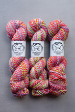 Load image into Gallery viewer, Three skeins of multicolored yarn with Spincycle Yarns labels on a gray background