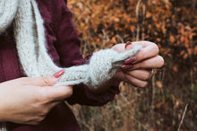 Load image into Gallery viewer, Close-up of hands wearing white fingerless gloves against a blurred natural background