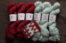 Load image into Gallery viewer, Red and green yarn skeins with matching knitted swatches on a brown background