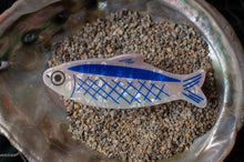 Load image into Gallery viewer, Fish-shaped lure with blue pattern on a metallic surface