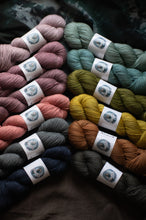 Load image into Gallery viewer, Assorted skeins of yarn in various colors with labels on a dark background