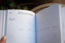 Load image into Gallery viewer, Open book showing fashion design pages with illustrations of necklines and collars.