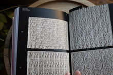 Load image into Gallery viewer, Open book displaying knitted fabric samples on a wooden surface