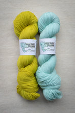 Load image into Gallery viewer, Two skeins of yarn, one yellow and one light blue, with labels on a beige background.