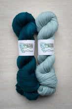 Load image into Gallery viewer, Two skeins of yarn, one blue and one gray, with labels on a beige background.