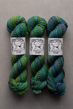 Load image into Gallery viewer, Three skeins of variegated yarn from Dream Spinner Spincycle Yarns, featuring a blend of green, blue, and yellow colors, arranged side-by-side on a neutral gray background.