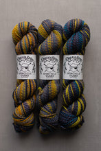 Load image into Gallery viewer, Three skeins of variegated yarn from Dream State Yarns Spincycle Farms, featuring stripes of yellow, blue, and dark gray on a neutral gray background.