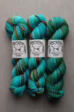 Load image into Gallery viewer, Three skeins of hand-dyed yarn from Dreamy Spool Yarns arranged side-by-side on a neutral gray background. The yarn features a variegated pattern of turquoise, deep teal, and hints of red and green, with white paper labels wrapped around the center.