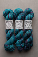 Load image into Gallery viewer, Three skeins of Dreamy Soul Spincycle Yarn in a teal, blue, and purple variegated colorway, arranged side-by-side on a neutral gray background.