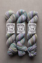 Load image into Gallery viewer, Three skeins of variegated yarn with white paper labels reading 'Dream Spinner Spincycle Yarns' arranged vertically on a neutral gray background.